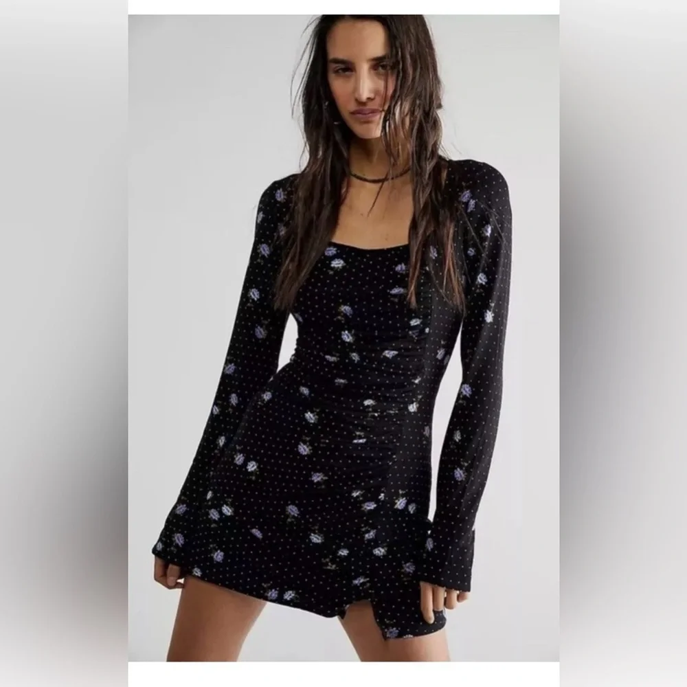 FREE PEOPLE CELIA MINI DRESS BLACK POLKA DOT BLUE FLORAL SIZE SMALL - Picture 1 of 10
